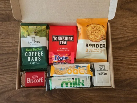 Open Brew in a Box gift with tea, coffee, biscuits and chocolate