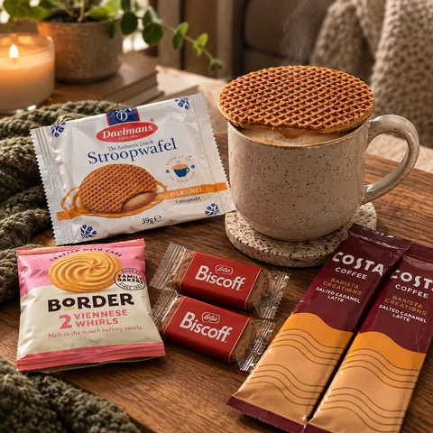 A styled coffee break with a stroopwafel resting on a mug and gift-box treats beside it