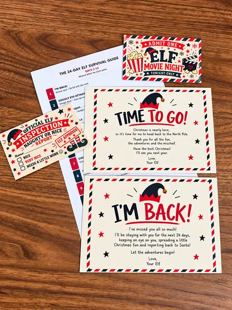 A selection of printed activity cards from the Elf Survival Kit